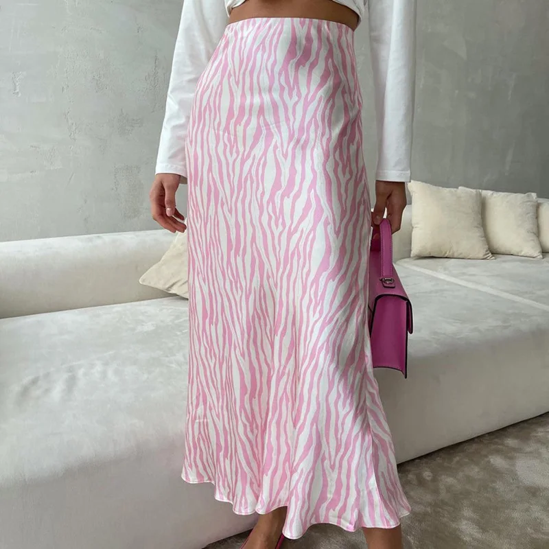 2023 Summer Autumn Women Elegant Midi Satin Skirts Printed High Waist Office Ladies Bodycon Pencil Slim Skirt For Women