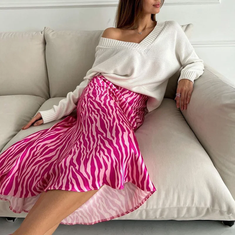 2023 Summer Autumn Women Elegant Midi Satin Skirts Printed High Waist Office Ladies Bodycon Pencil Slim Skirt For Women