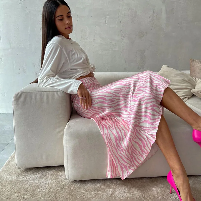 2023 Summer Autumn Women Elegant Midi Satin Skirts Printed High Waist Office Ladies Bodycon Pencil Slim Skirt For Women