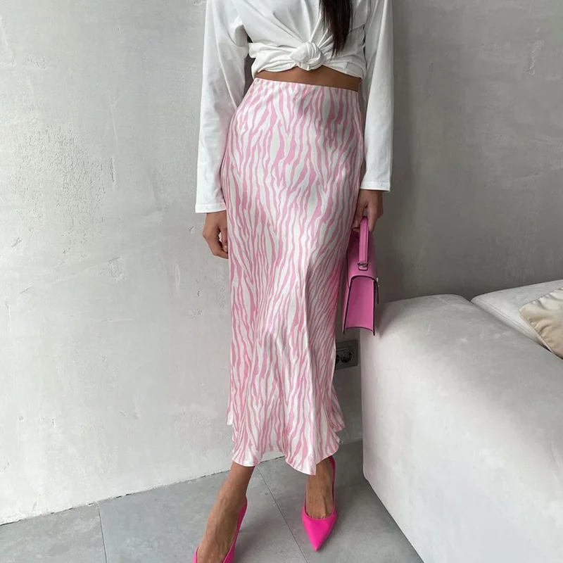 2023 Summer Autumn Women Elegant Midi Satin Skirts Printed High Waist Office Ladies Bodycon Pencil Slim Skirt For Women