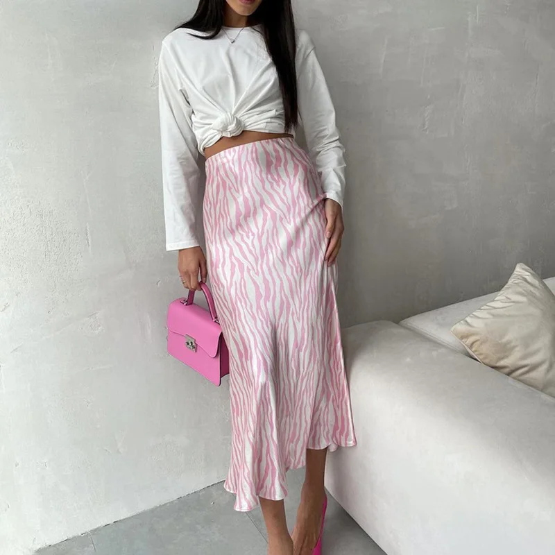 2023 Summer Autumn Women Elegant Midi Satin Skirts Printed High Waist Office Ladies Bodycon Pencil Slim Skirt For Women