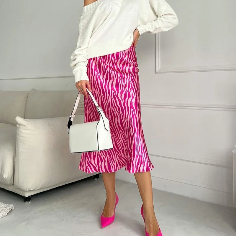 2023 Summer Autumn Women Elegant Midi Satin Skirts Printed High Waist Office Ladies Bodycon Pencil Slim Skirt For Women