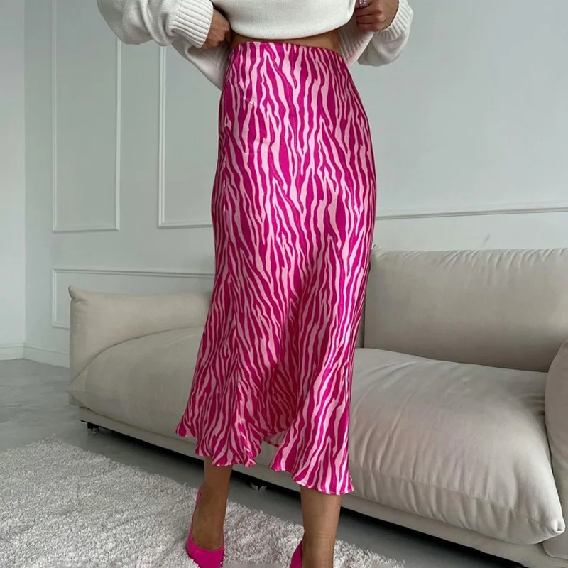 2023 Summer Autumn Women Elegant Midi Satin Skirts Printed High Waist Office Ladies Bodycon Pencil Slim Skirt For Women
