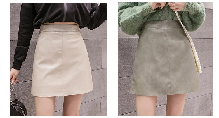 Jielur Leather Skirt Autumn Winter New Korean High Waist Mini Skirt Female 4 Colors Chic Black Sexy Saia A-line PU Skirts Women