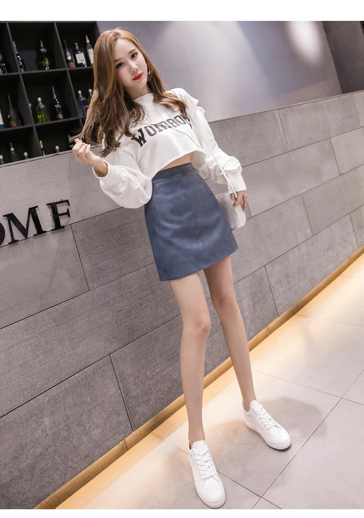 Jielur Leather Skirt Autumn Winter New Korean High Waist Mini Skirt Female 4 Colors Chic Black Sexy Saia A-line PU Skirts Women