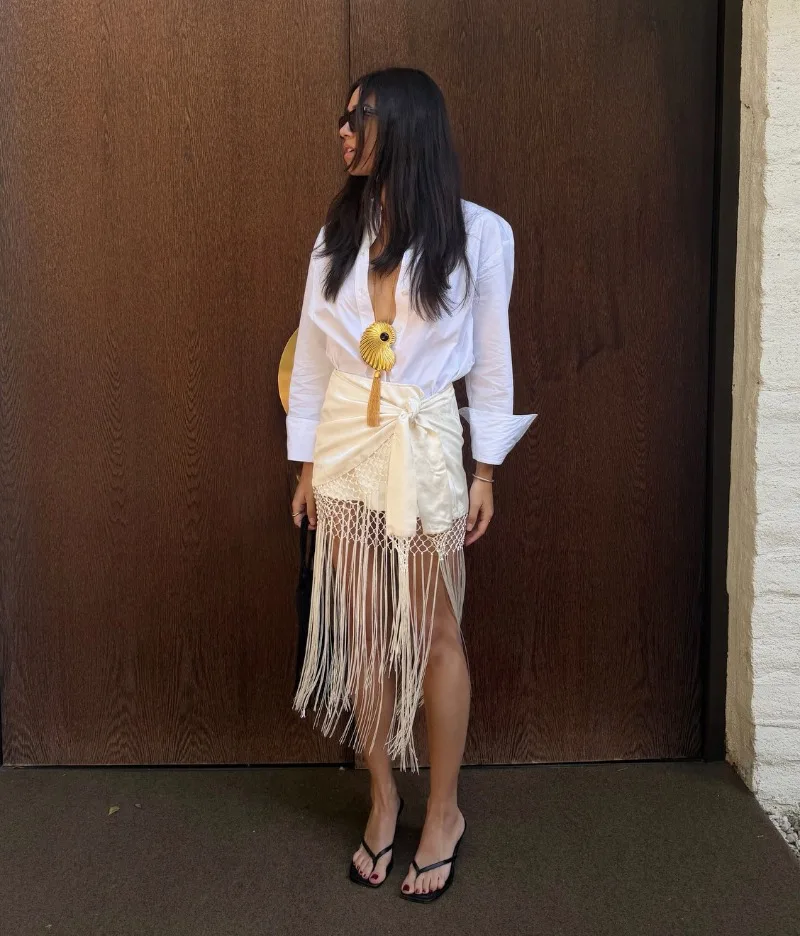Trendix Women Tassle Skirt Summer High Waist Bandage Hollow Out Mini Skirts 2026 Beach Party Fashion Fringe Crochet Mesh Skirt