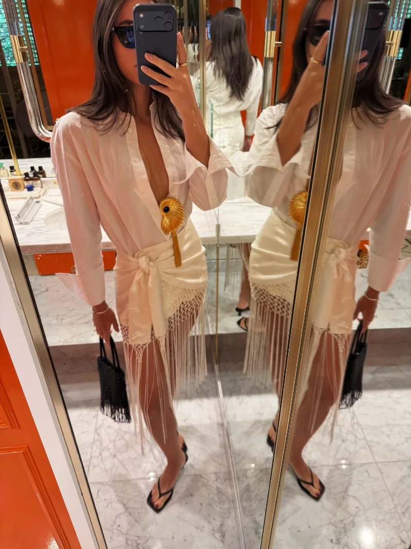 Trendix Women Tassle Skirt Summer High Waist Bandage Hollow Out Mini Skirts 2026 Beach Party Fashion Fringe Crochet Mesh Skirt