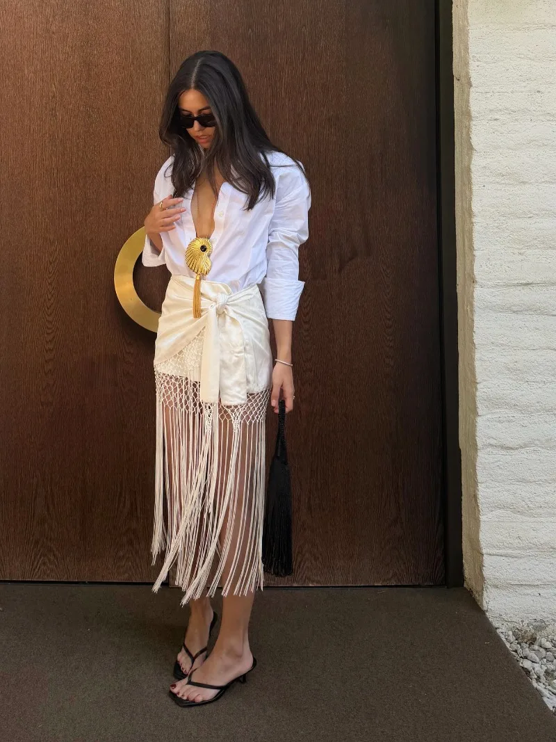 Trendix Women Tassle Skirt Summer High Waist Bandage Hollow Out Mini Skirts 2026 Beach Party Fashion Fringe Crochet Mesh Skirt