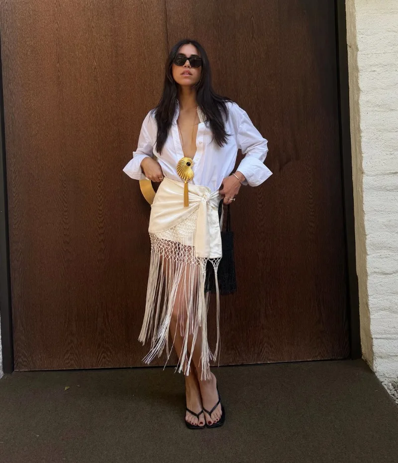 Trendix Women Tassle Skirt Summer High Waist Bandage Hollow Out Mini Skirts 2026 Beach Party Fashion Fringe Crochet Mesh Skirt