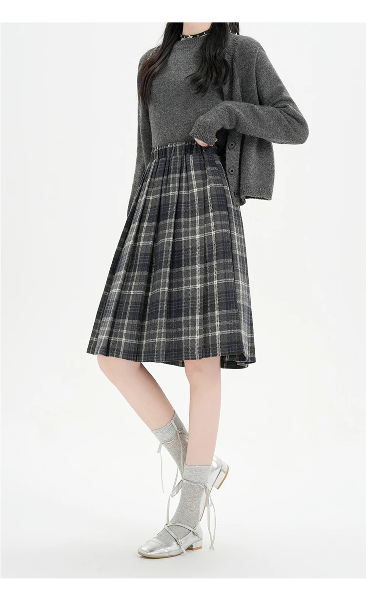 Y2K Pleated Skirt Women Plaid Woolen Skirt Japanese Korean Retro A Line Umbrella Skirt Autumn Winter Casual