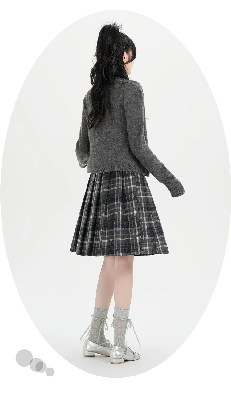 Y2K Pleated Skirt Women Plaid Woolen Skirt Japanese Korean Retro A Line Umbrella Skirt Autumn Winter Casual