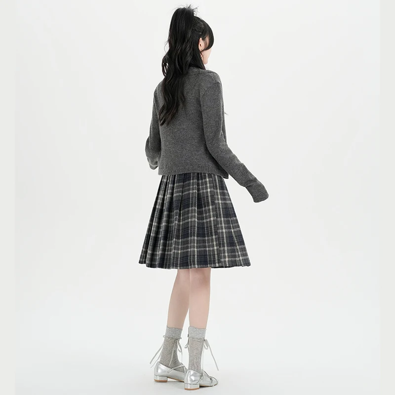 Y2K Pleated Skirt Women Plaid Woolen Skirt Japanese Korean Retro A Line Umbrella Skirt Autumn Winter Casual