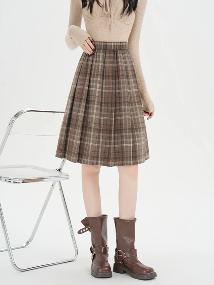 Y2K Pleated Skirt Women Plaid Woolen Skirt Japanese Korean Retro A Line Umbrella Skirt Autumn Winter Casual