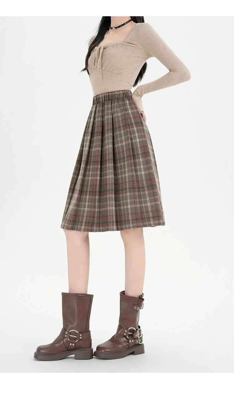 Y2K Pleated Skirt Women Plaid Woolen Skirt Japanese Korean Retro A Line Umbrella Skirt Autumn Winter Casual