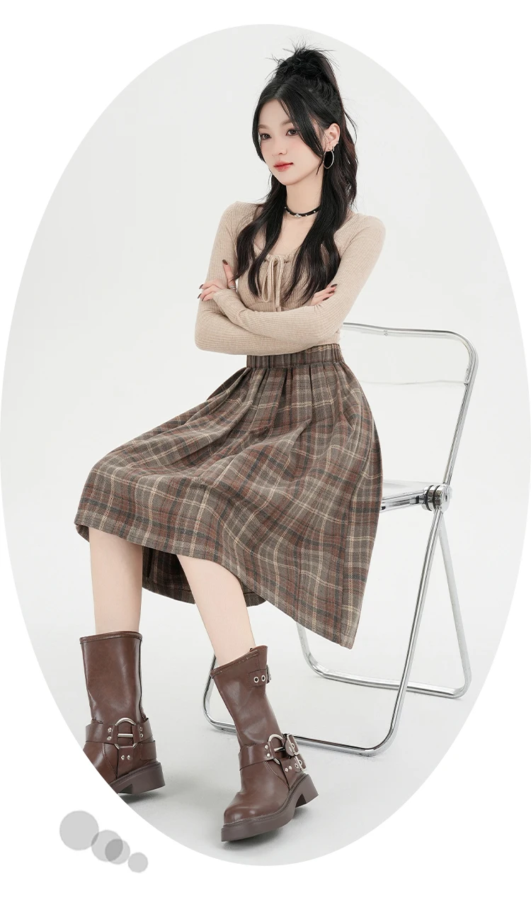 Y2K Pleated Skirt Women Plaid Woolen Skirt Japanese Korean Retro A Line Umbrella Skirt Autumn Winter Casual