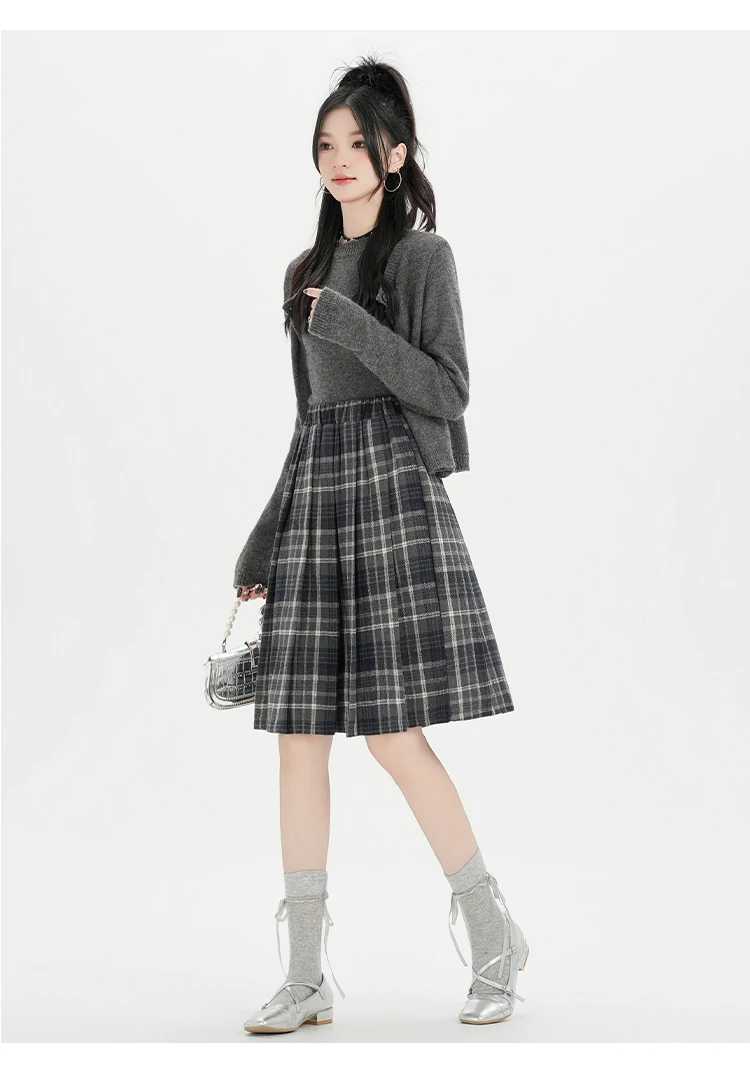 Y2K Pleated Skirt Women Plaid Woolen Skirt Japanese Korean Retro A Line Umbrella Skirt Autumn Winter Casual