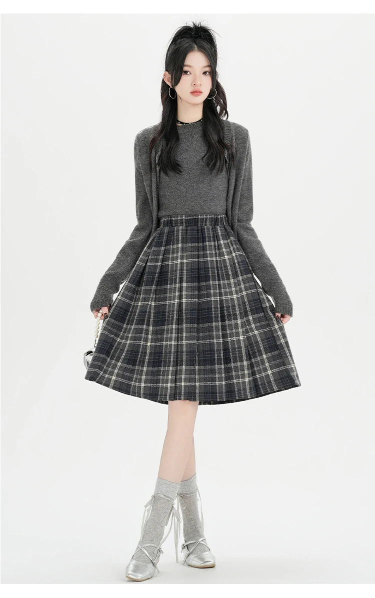 Y2K Pleated Skirt Women Plaid Woolen Skirt Japanese Korean Retro A Line Umbrella Skirt Autumn Winter Casual