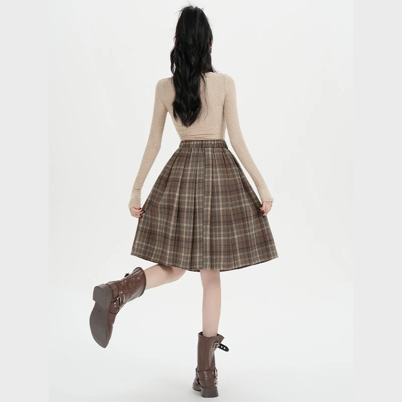 Y2K Pleated Skirt Women Plaid Woolen Skirt Japanese Korean Retro A Line Umbrella Skirt Autumn Winter Casual