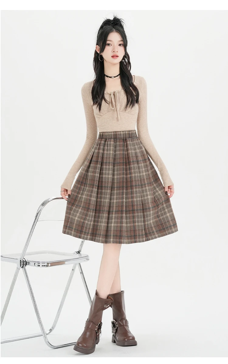 Y2K Pleated Skirt Women Plaid Woolen Skirt Japanese Korean Retro A Line Umbrella Skirt Autumn Winter Casual