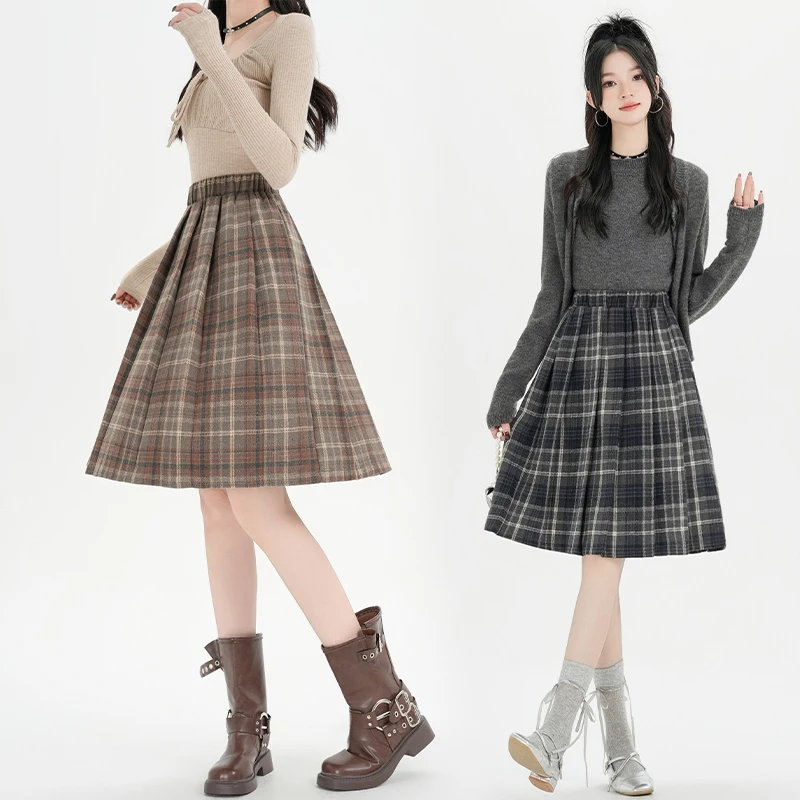 Y2K Pleated Skirt Women Plaid Woolen Skirt Japanese Korean Retro A Line Umbrella Skirt Autumn Winter Casual