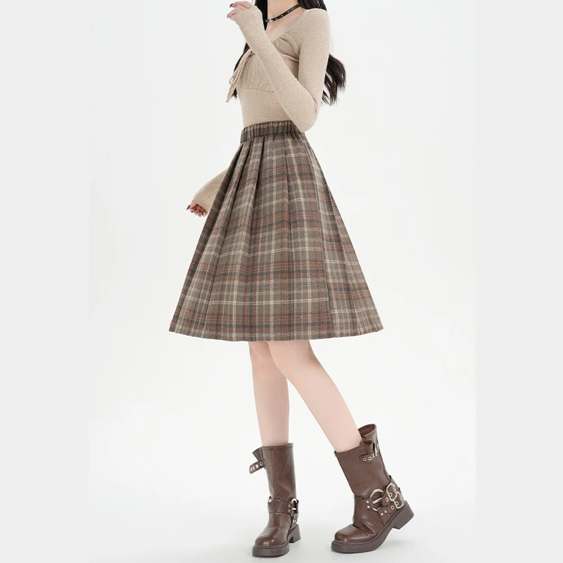 Y2K Pleated Skirt Women Plaid Woolen Skirt Japanese Korean Retro A Line Umbrella Skirt Autumn Winter Casual