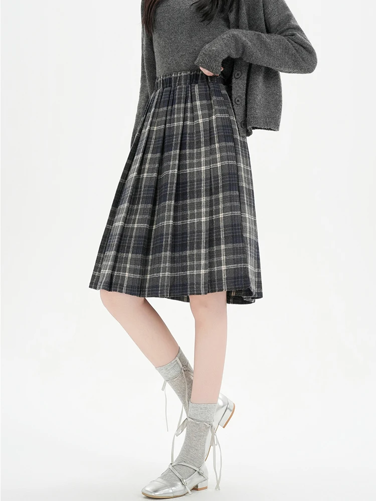 Y2K Pleated Skirt Women Plaid Woolen Skirt Japanese Korean Retro A Line Umbrella Skirt Autumn Winter Casual