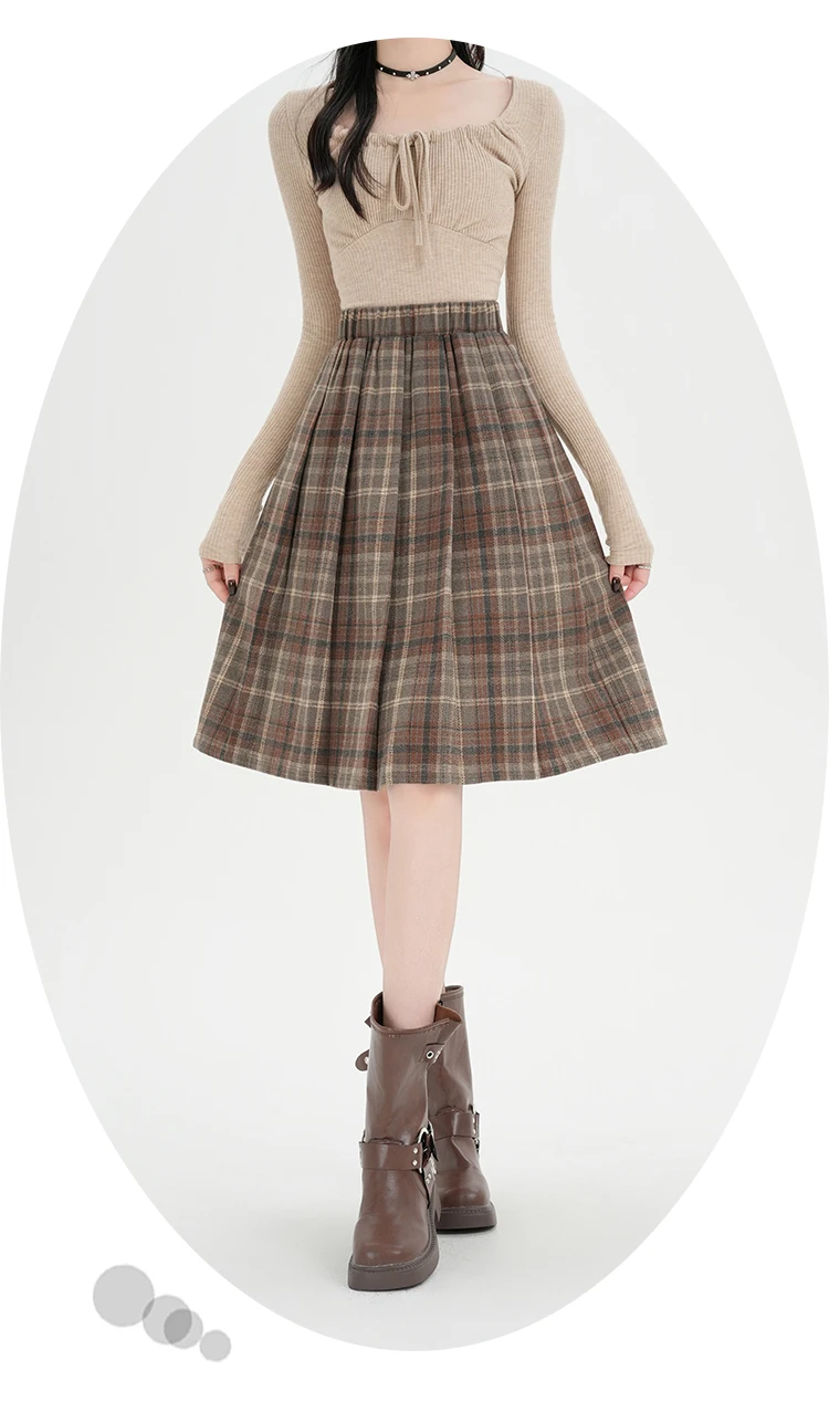 Y2K Pleated Skirt Women Plaid Woolen Skirt Japanese Korean Retro A Line Umbrella Skirt Autumn Winter Casual