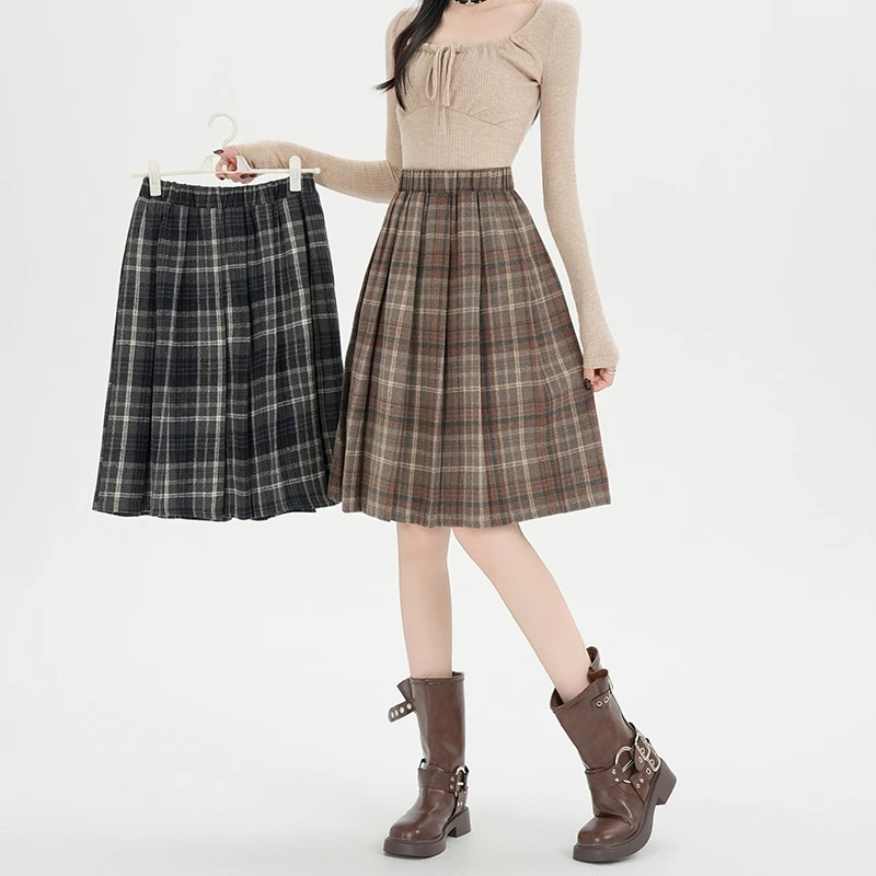 Y2K Pleated Skirt Women Plaid Woolen Skirt Japanese Korean Retro A Line Umbrella Skirt Autumn Winter Casual