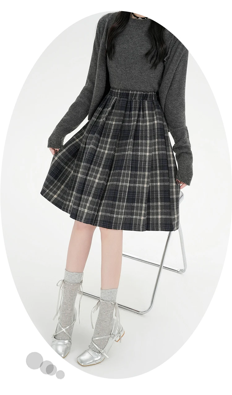 Y2K Pleated Skirt Women Plaid Woolen Skirt Japanese Korean Retro A Line Umbrella Skirt Autumn Winter Casual