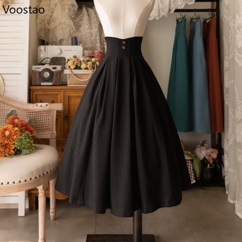 Vintage Victorian Lolita Midi Skirt Women Elegant Sweet Y2k Button Slim A-Line Long Skirts Japanese Female Classical Party Skirt