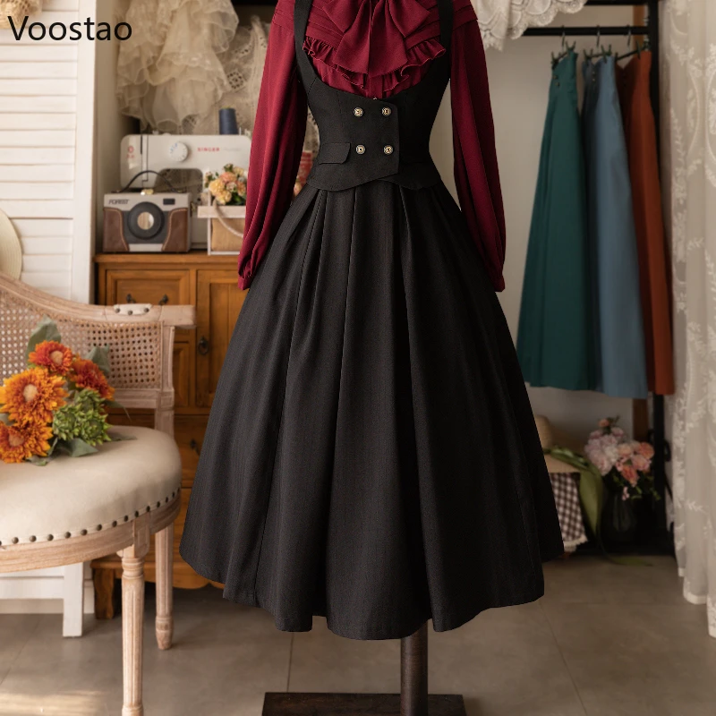 Vintage Victorian Lolita Midi Skirt Women Elegant Sweet Y2k Button Slim A-Line Long Skirts Japanese Female Classical Party Skirt