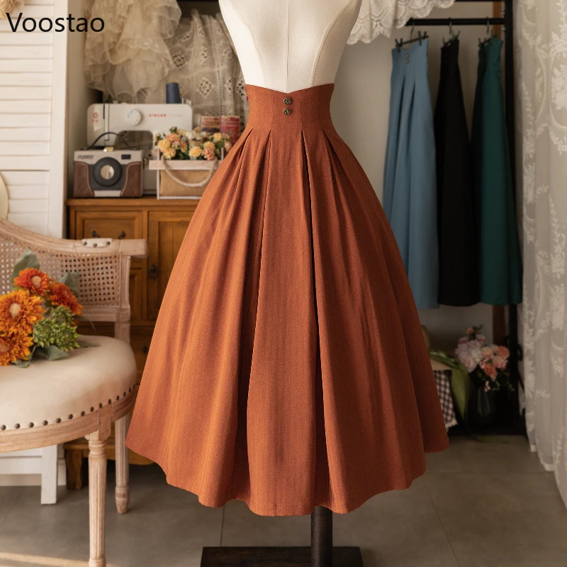 Vintage Victorian Lolita Midi Skirt Women Elegant Sweet Y2k Button Slim A-Line Long Skirts Japanese Female Classical Party Skirt