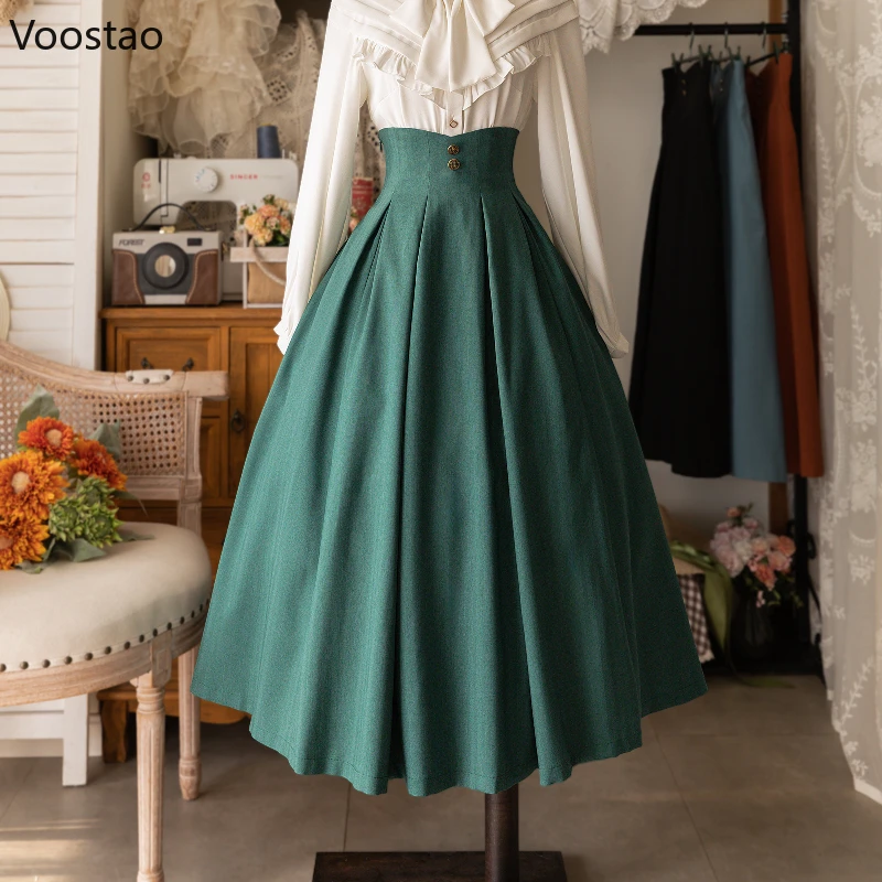 Vintage Victorian Lolita Midi Skirt Women Elegant Sweet Y2k Button Slim A-Line Long Skirts Japanese Female Classical Party Skirt