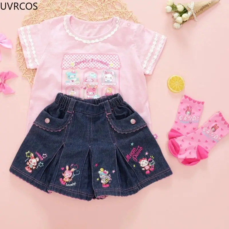 Kawaii Japanese Lolita Style Denim Pleated Skirt Women Sweet Cartoon Bunny Embroidered Love Short Skirts Korean Cute Mini Skirts