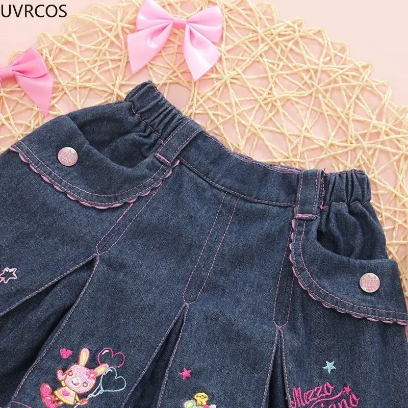 Kawaii Japanese Lolita Style Denim Pleated Skirt Women Sweet Cartoon Bunny Embroidered Love Short Skirts Korean Cute Mini Skirts