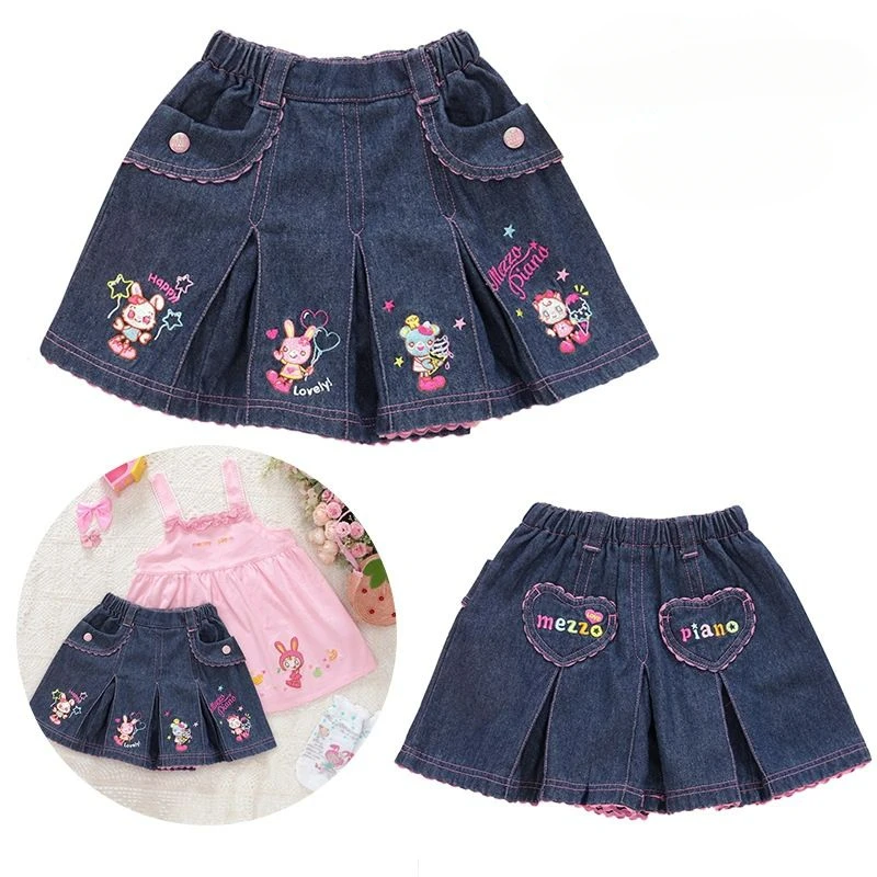 Kawaii Japanese Lolita Style Denim Pleated Skirt Women Sweet Cartoon Bunny Embroidered Love Short Skirts Korean Cute Mini Skirts