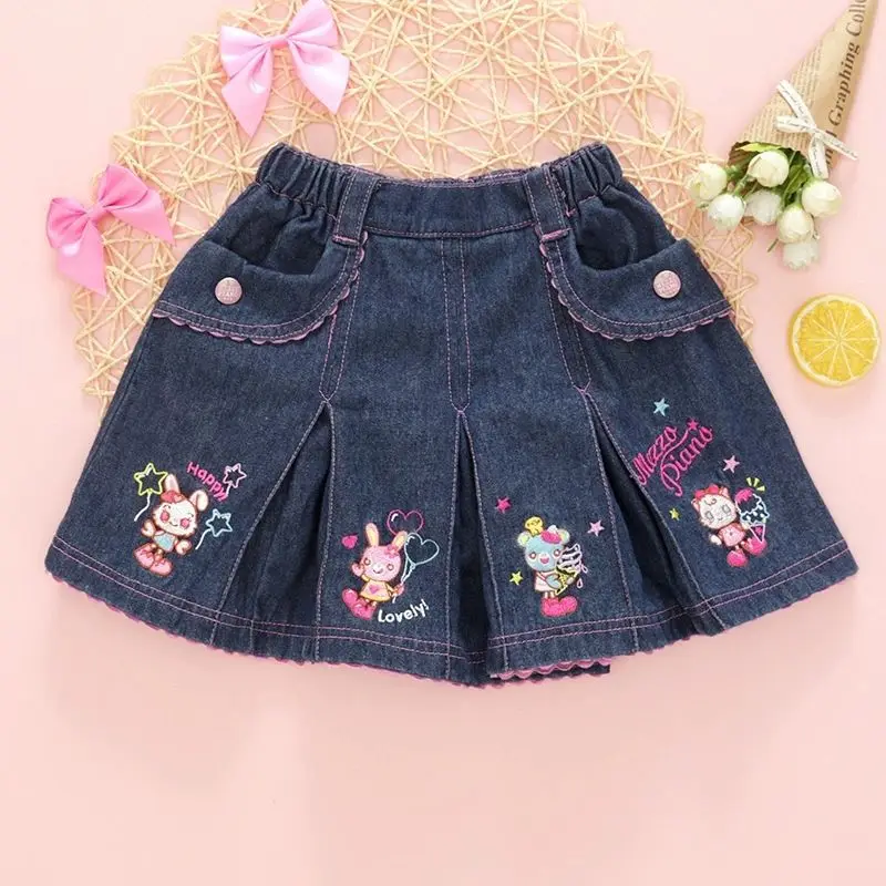 Kawaii Japanese Lolita Style Denim Pleated Skirt Women Sweet Cartoon Bunny Embroidered Love Short Skirts Korean Cute Mini Skirts