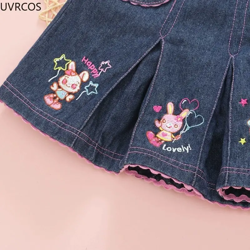 Kawaii Japanese Lolita Style Denim Pleated Skirt Women Sweet Cartoon Bunny Embroidered Love Short Skirts Korean Cute Mini Skirts