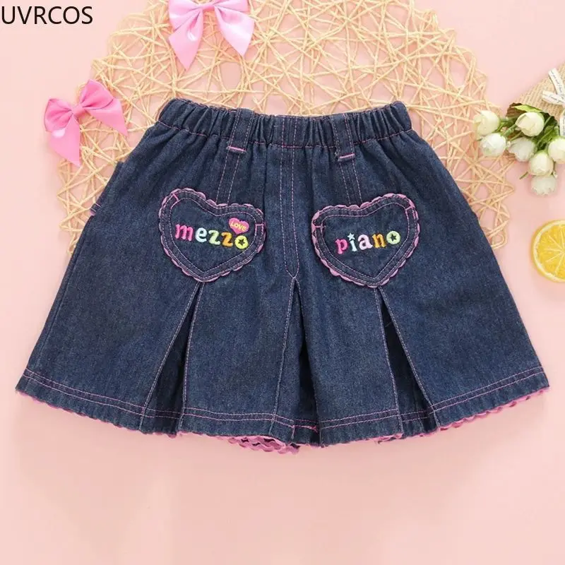 Kawaii Japanese Lolita Style Denim Pleated Skirt Women Sweet Cartoon Bunny Embroidered Love Short Skirts Korean Cute Mini Skirts
