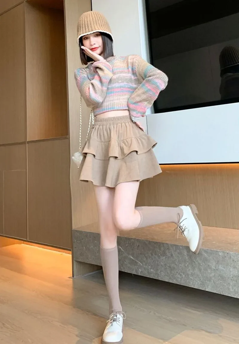 Fanan High Waist Puffy Ruffles A-line Skirt Ladies 2024 Autumn New All-match Corduroy Pleated Skirts Y2K Vintage Cake Mini Skirt