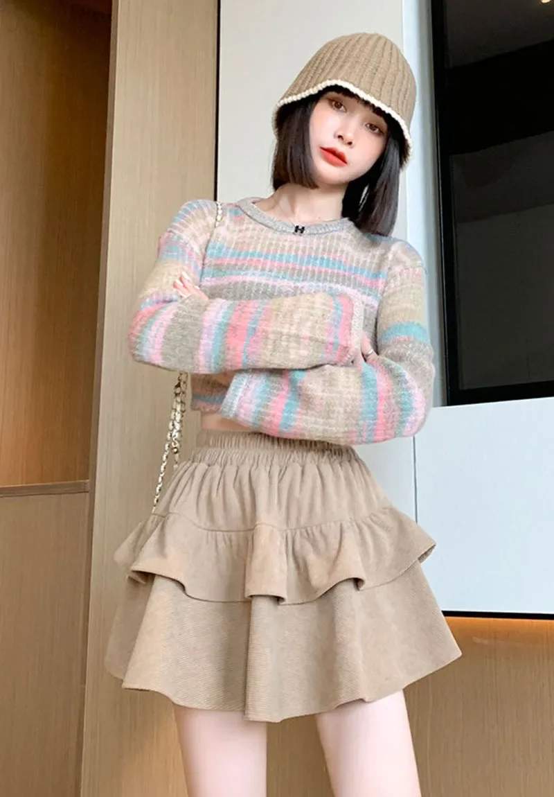 Fanan High Waist Puffy Ruffles A-line Skirt Ladies 2024 Autumn New All-match Corduroy Pleated Skirts Y2K Vintage Cake Mini Skirt