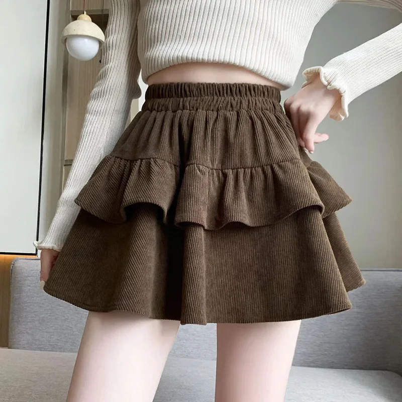 Fanan High Waist Puffy Ruffles A-line Skirt Ladies 2024 Autumn New All-match Corduroy Pleated Skirts Y2K Vintage Cake Mini Skirt