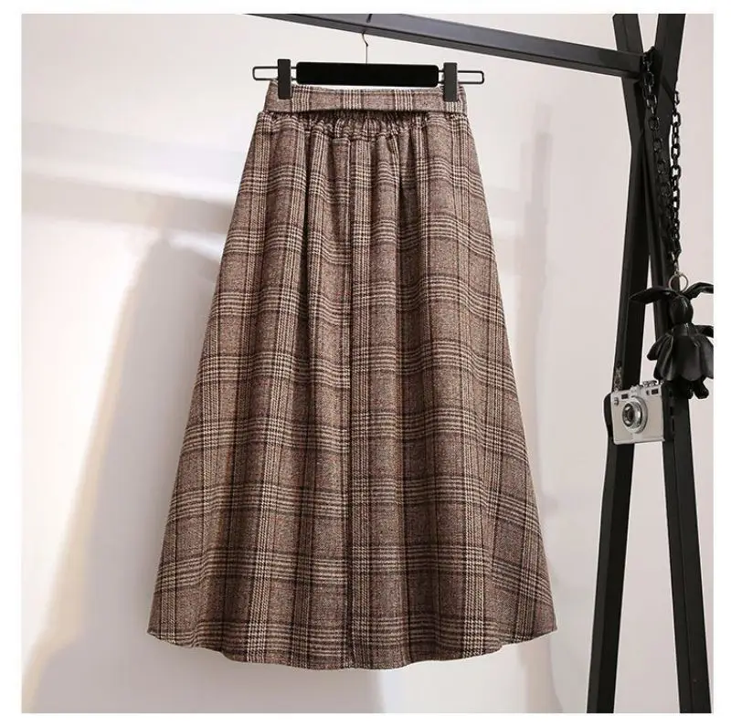 Khaki Plaid Vintage A-line High Waist Lace Up Buttons Loose Women's Skirt Mid-Calf Long Skirts For Women Clothing Fashion 2024