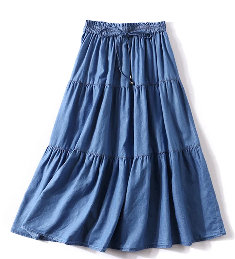 Women High Waist long Skirt 2025 Autumer brand Denim ruffled skirts casual vinatge Summer cotton skirts vestidos vintage clothes