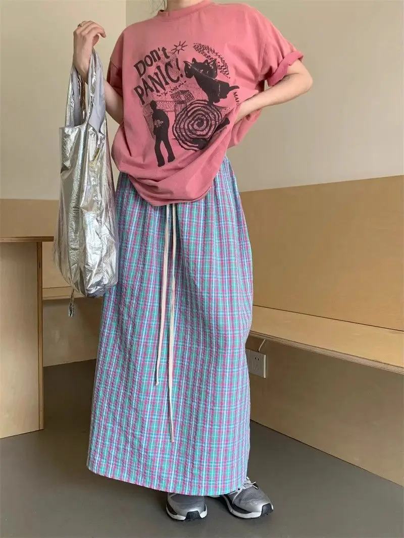 Aoaiiys Casual Skirts Women Plaid Vintage Long Skirt 2026 Fashion Korean High Waist Loose Skirt Summer New Female A-Line Skirts