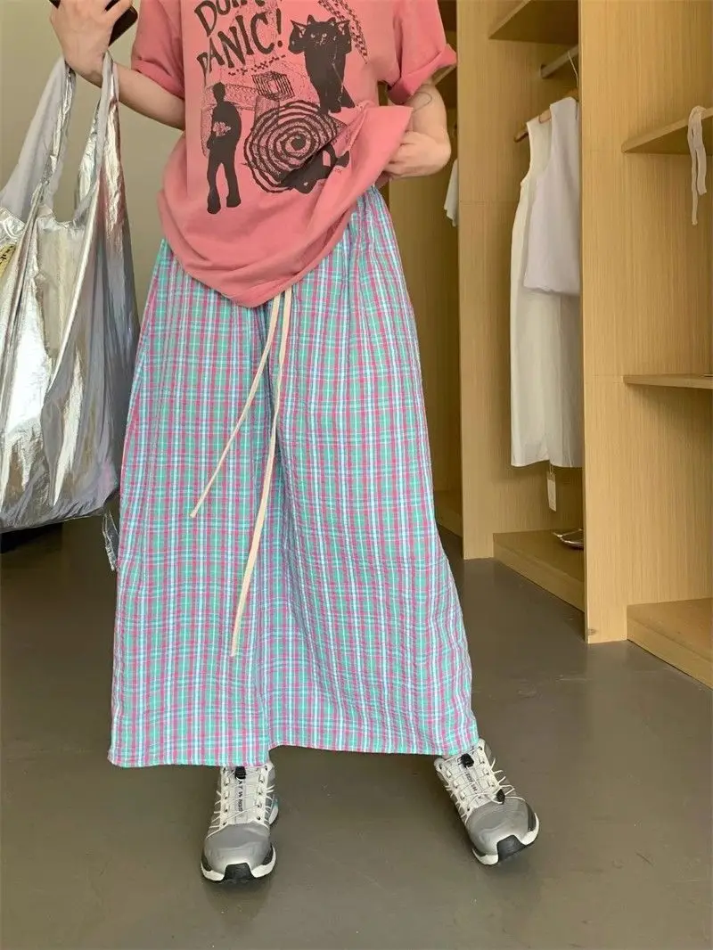 Aoaiiys Casual Skirts Women Plaid Vintage Long Skirt 2026 Fashion Korean High Waist Loose Skirt Summer New Female A-Line Skirts