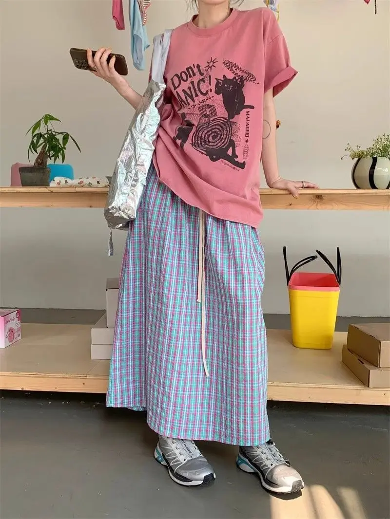 Aoaiiys Casual Skirts Women Plaid Vintage Long Skirt 2026 Fashion Korean High Waist Loose Skirt Summer New Female A-Line Skirts