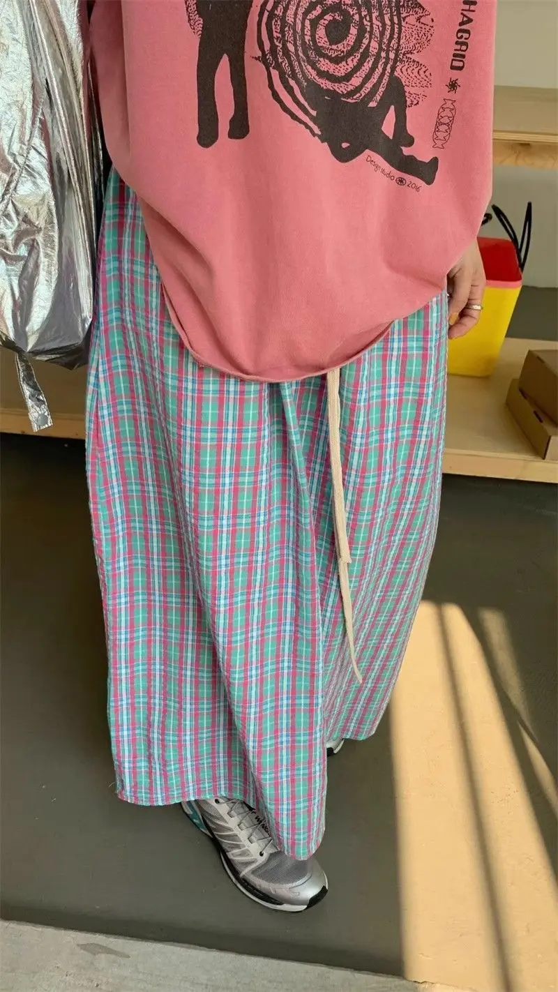 Aoaiiys Casual Skirts Women Plaid Vintage Long Skirt 2026 Fashion Korean High Waist Loose Skirt Summer New Female A-Line Skirts