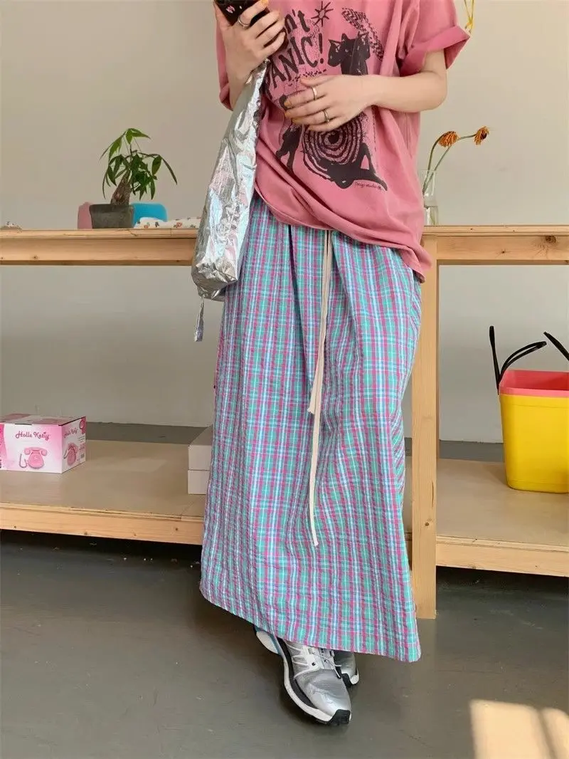 Aoaiiys Casual Skirts Women Plaid Vintage Long Skirt 2026 Fashion Korean High Waist Loose Skirt Summer New Female A-Line Skirts