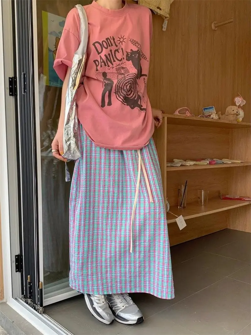 Aoaiiys Casual Skirts Women Plaid Vintage Long Skirt 2026 Fashion Korean High Waist Loose Skirt Summer New Female A-Line Skirts
